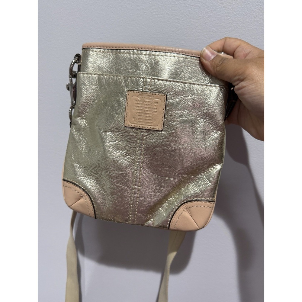 Y2K COACH‎ Silver Swingpack crossbody bag purse 50168 Tan leather trim EUC I